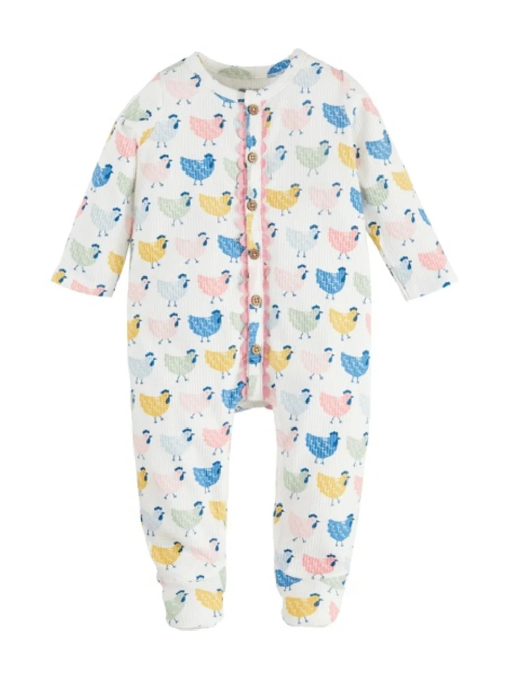 Mud Pie Hen Print Footed One-Piece Romper - Blue, Pink, Yellow, Green